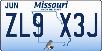 MO license plate ZL9X3J