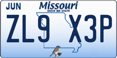 MO license plate ZL9X3P