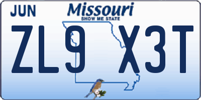 MO license plate ZL9X3T