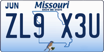 MO license plate ZL9X3U
