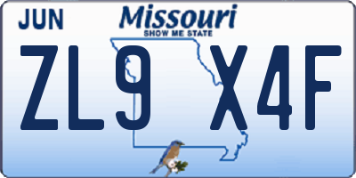 MO license plate ZL9X4F