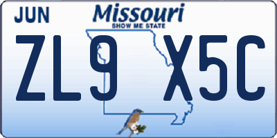 MO license plate ZL9X5C