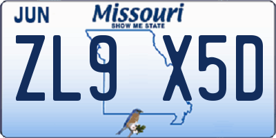 MO license plate ZL9X5D