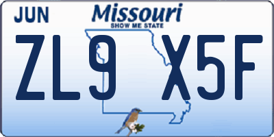 MO license plate ZL9X5F