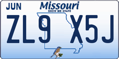 MO license plate ZL9X5J