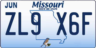 MO license plate ZL9X6F