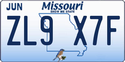 MO license plate ZL9X7F