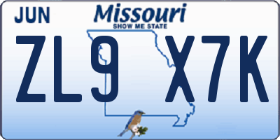 MO license plate ZL9X7K