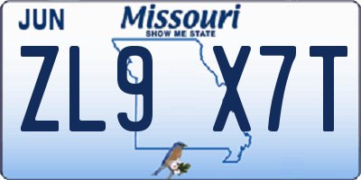 MO license plate ZL9X7T