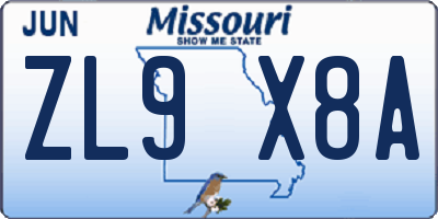 MO license plate ZL9X8A