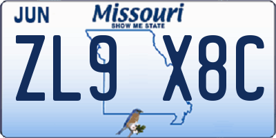 MO license plate ZL9X8C
