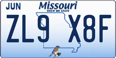 MO license plate ZL9X8F