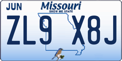 MO license plate ZL9X8J