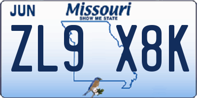 MO license plate ZL9X8K