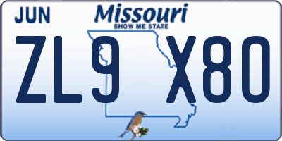 MO license plate ZL9X8O