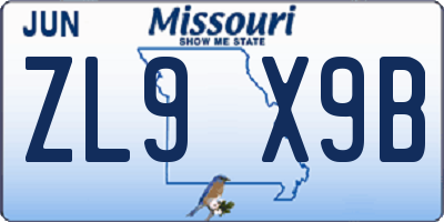 MO license plate ZL9X9B