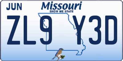 MO license plate ZL9Y3D
