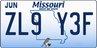 MO license plate ZL9Y3F
