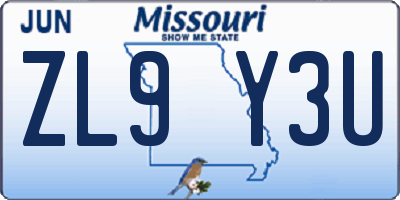 MO license plate ZL9Y3U