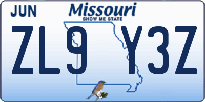 MO license plate ZL9Y3Z