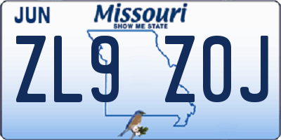 MO license plate ZL9Z0J