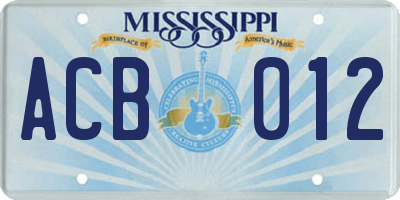 MS license plate ACB012