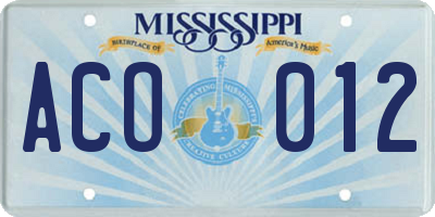 MS license plate ACO012