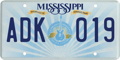 MS license plate ADK019