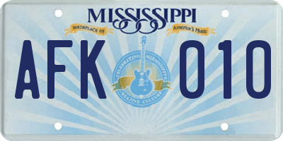 MS license plate AFK010