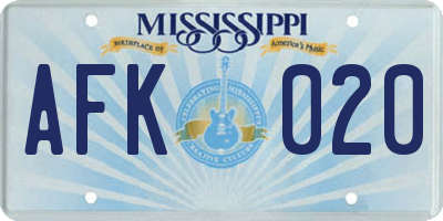 MS license plate AFK020