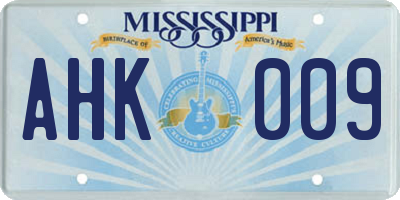 MS license plate AHK009