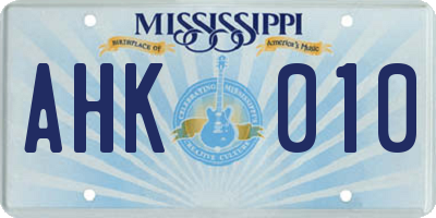MS license plate AHK010