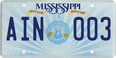 MS license plate AIN003