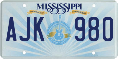 MS license plate AJK980