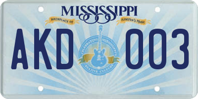 MS license plate AKD003
