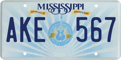 MS license plate AKE567
