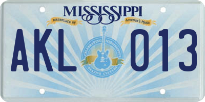 MS license plate AKL013