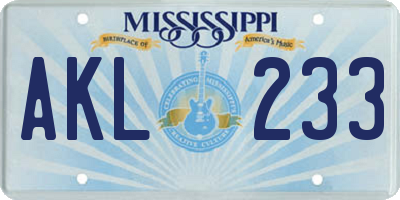 MS license plate AKL233
