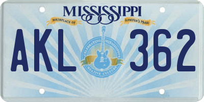 MS license plate AKL362