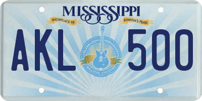 MS license plate AKL500