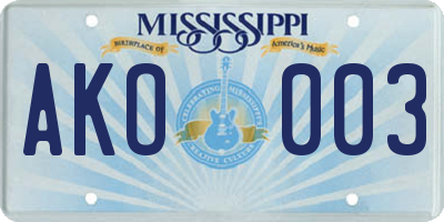 MS license plate AKO003