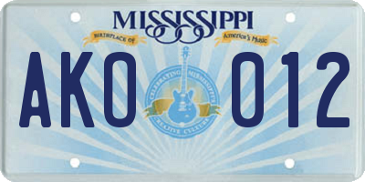 MS license plate AKO012
