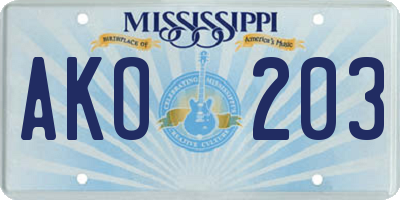 MS license plate AKO203