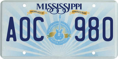 MS license plate AOC980