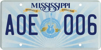 MS license plate AOE006