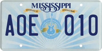 MS license plate AOE010