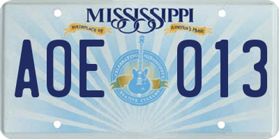 MS license plate AOE013