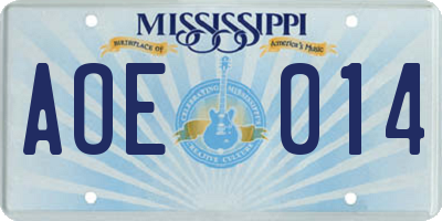 MS license plate AOE014
