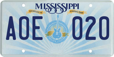MS license plate AOE020