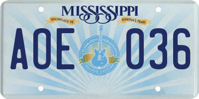 MS license plate AOE036